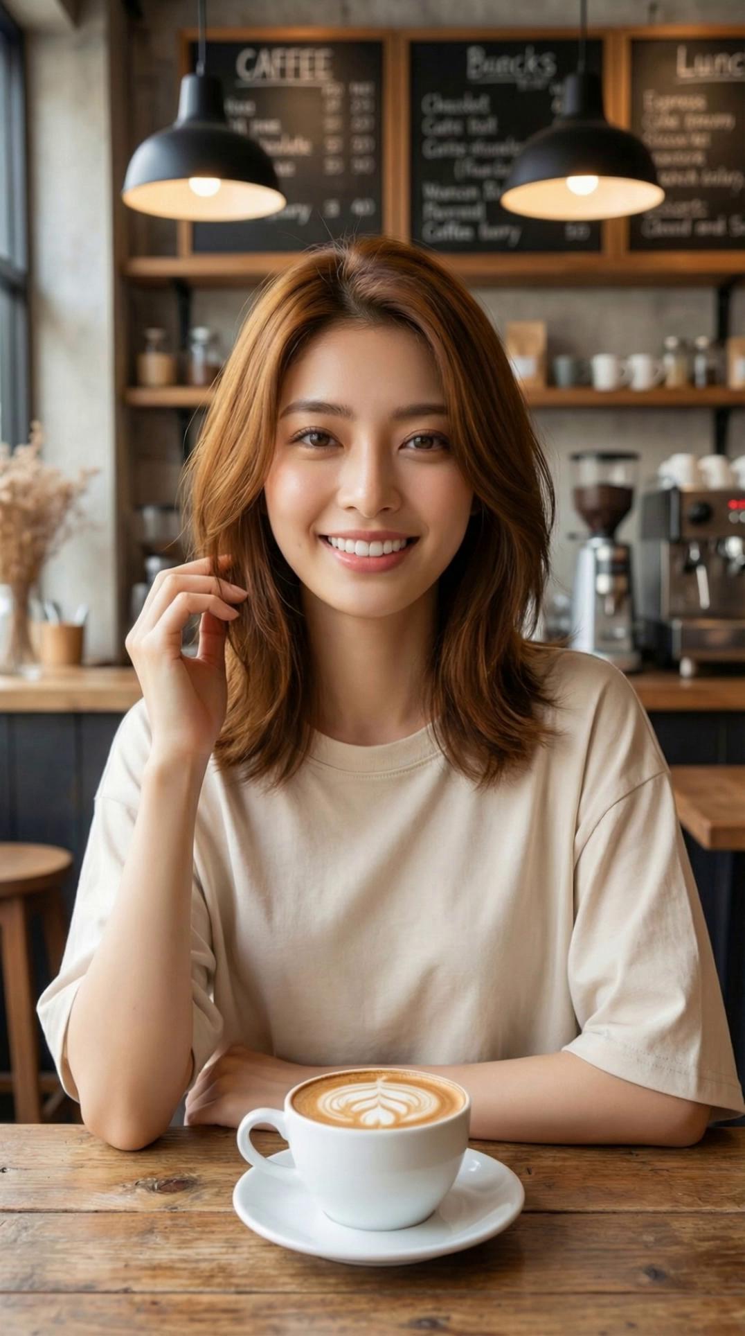 Prompt: Have the girl put the coffee on her lips and take a sip of her coffee and place it down. Then make her smile.