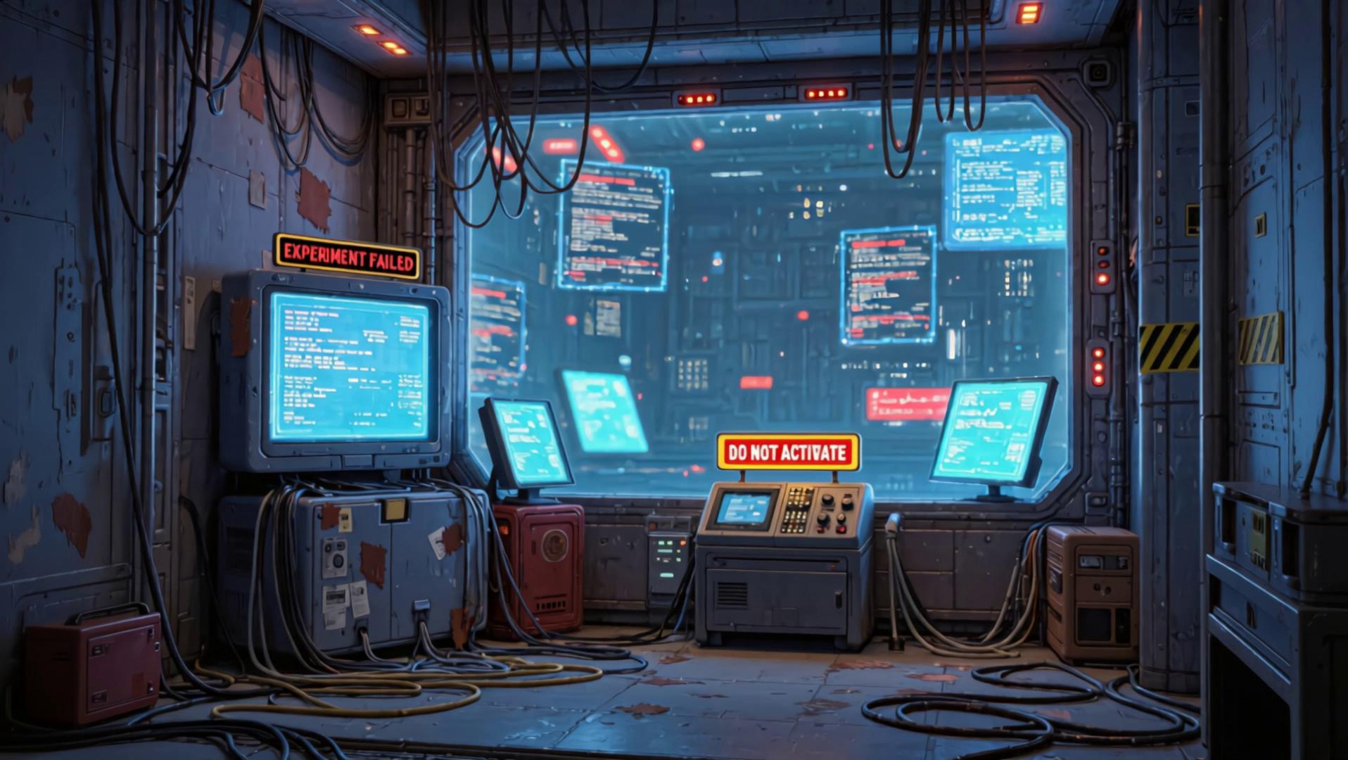 Prompt: Animate screens and make some of the lights in the background flicker or throb subtly.