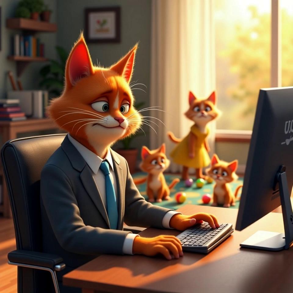 Prompt: Animated, anthropomorphic male cat father in business attire (gray suit, blue tie), with tired eyes and slightly disheveled orange fur, sitting at a desk intensely focused on his computer screen in a home office corner. His posture shows exhaustion yet determination. In the background but visible in the same room, a female cat mother in a casual yellow sundress plays happily with three small kitten children on a colorful rug with toys. The lighting contrast shows the father in cooler, dimmer light while the family is bathed in warm, golden afternoon sunlight. Pixar style 3D animation, cinematic lighting, emotional storytelling, high detail. Character name: Maxwell Whiskers.​​​​​​​​​​​​​​​​