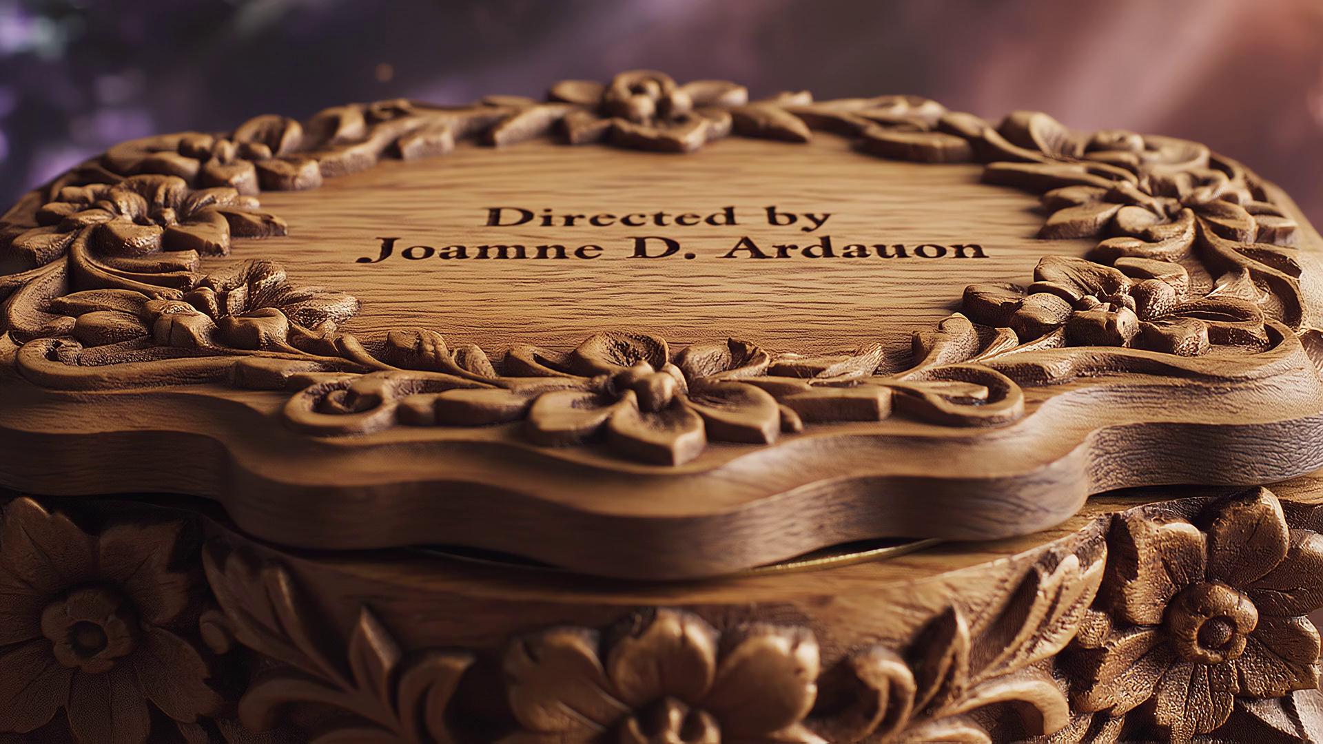 Prompt: A rustic carved wooden music box, antique style, lid open with intricate floral carvings, cinematic warm lighting. On the inside of the box lid, the phrase "Directed by Joanne D. Arduino" is etched into the wood in sharp clear lettering. Inside,  a delicate pair of tiny ballet shoes in soft satin pink, tied together with silky ribbons, resting on a miniature golden stage, a faint spotlight glowing on them, dreamy whimsical atmosphere, ultra-detailed satin and wood textures, enchanting magical realism, 8k high resolution.