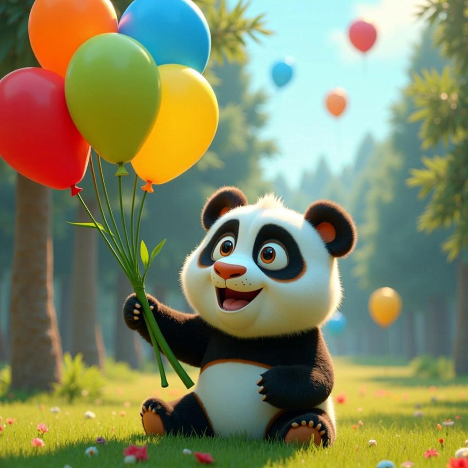 Prompt: Panda is counting balloons; slow and steady camera. 