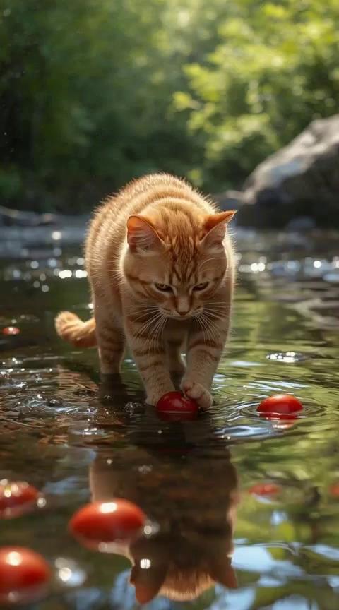 Prompt:  A realistic orange tabby cat is by a clear shallow river, carefully washing red tomatoes with its paws. The cat dips the tomatoes gently in the water, splashing slightly, while sunlight shimmers on the ripples. A few tomatoes float downstream, and the cat quickly reaches to catch one. Birds chirp in the background, and the forest around the river is lush and green, with soft wind moving the leaves. The mood is peaceful, funny, and heartwarming, like a cinematic short moment in nature. Add natural water sounds, gentle meowing, and light background music.
Style: ultra-realistic, 8K detail, soft lighting, cinematic depth of field, high frame rate for smooth slow-motion moments.