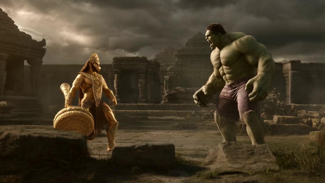 Prompt: Hanuman ji indian monkey god vs Hulk fight scene 