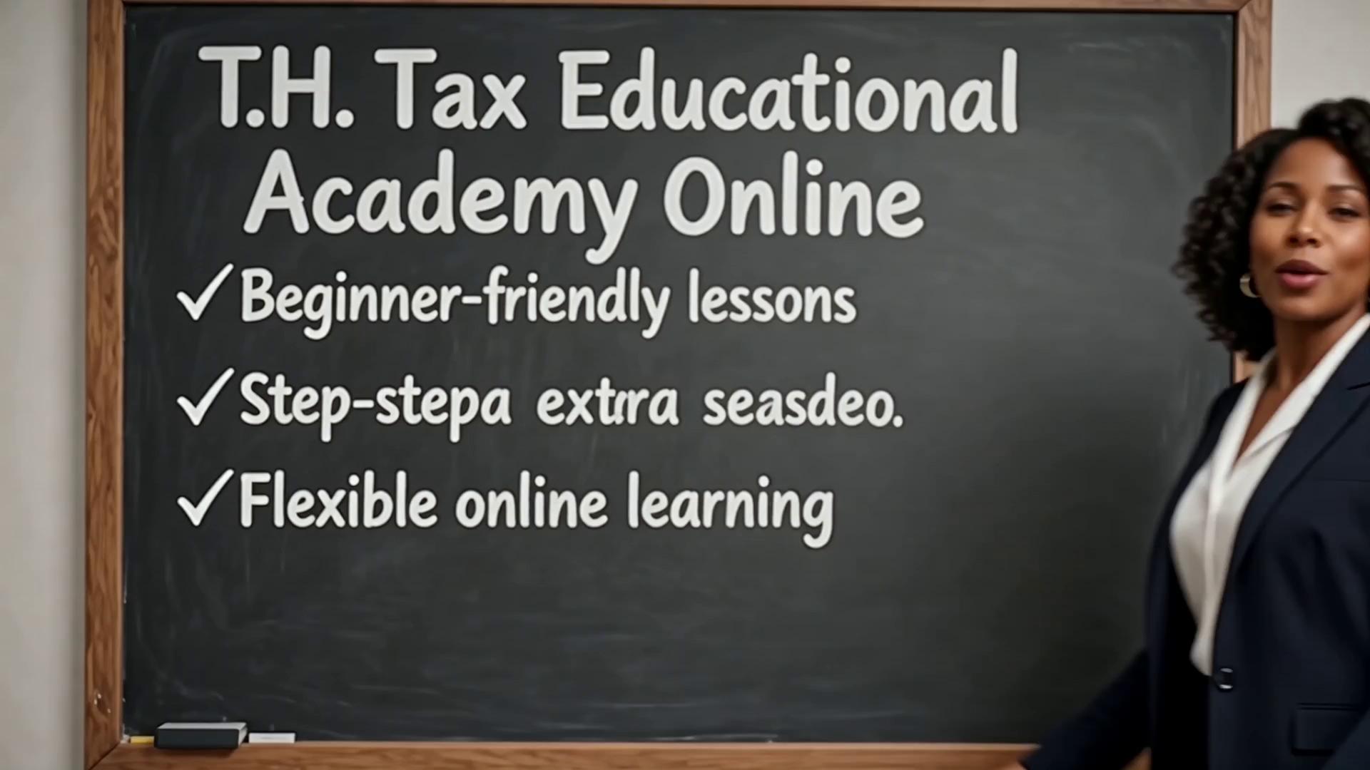 Prompt: black asian woman 40's walking in front of black board introducing T.H Tax Educational Academy OnlineWelcome to TH Tax Educational Academy Online!Ready to learn taxes with confidence? At TH Tax Educational Academy Online, we provide beginner-friendly tax education designed to help you build real skills and prepare for success in the tax industry.Whether you're looking to start a new career, earn extra income during tax season, or expand your financial knowledge, our online courses offer step-by-step training, practical examples, and expert guidance.✅ Beginner-friendly lessons✅ Flexible online learning✅ Real-world tax preparation skills✅ Support to help you grow with confidenceStart your journey today and invest in a skill that can create opportunities year after year.