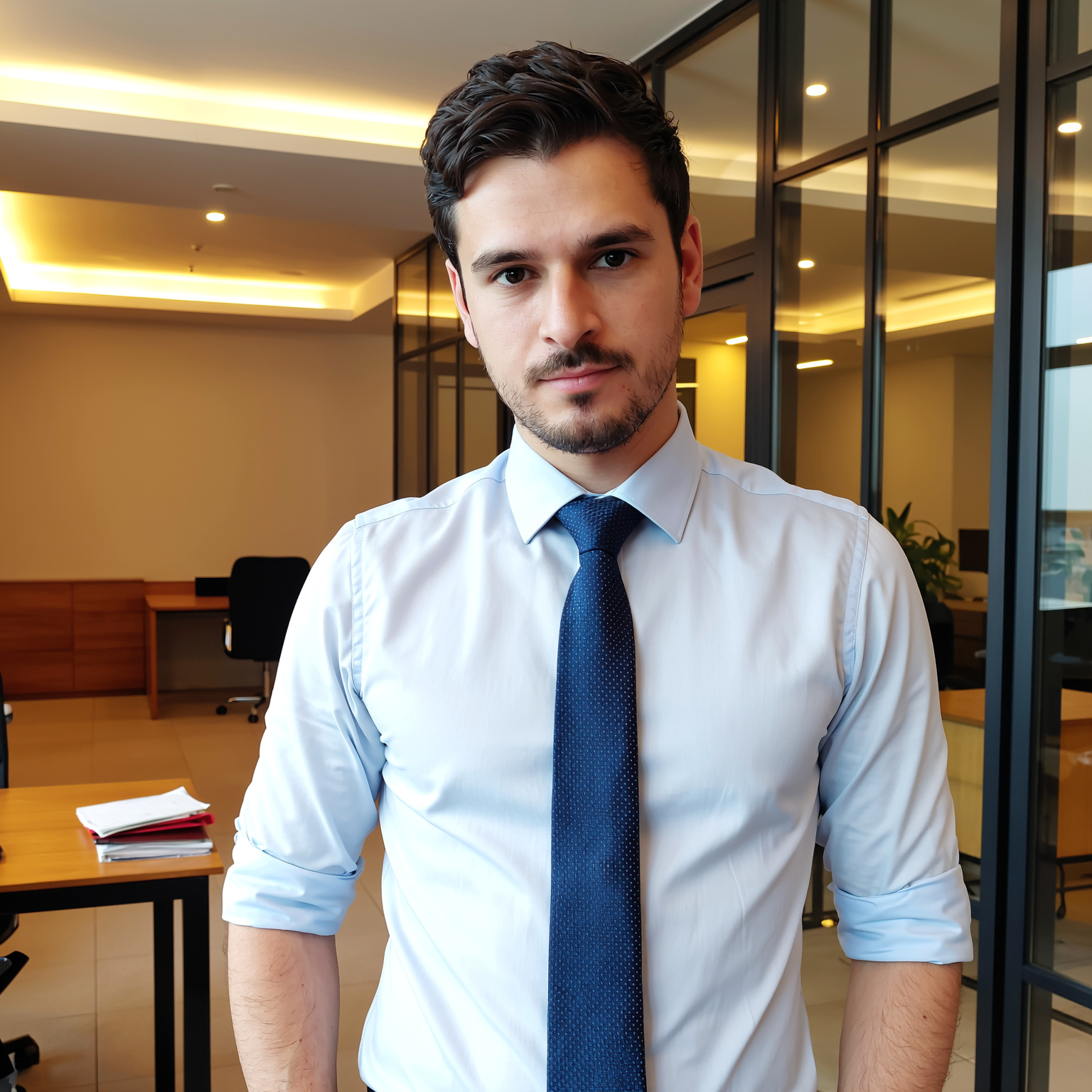 Prompt: 28-year-old charismatic man, sharp features, playful yet evasive expression, confident posture, slightly raised eyebrow as if questioning everything. Outfit: crisp business shirt with sleeves casually rolled up, tie loosened just enough to suggest relaxed defiance, top button undone. Looking directly into the camera with a piercing, disarming gaze, as if challenging the viewer. Scene set in a modern Brussels office interior, in full color, warm interior lighting, natural daylight blending with soft overhead lights, glass partitions, EU-style modern furniture, hints of papers and folders on a nearby desk suggesting an interrogation-like situation. Color palette: natural skin tones, light blue shirt, subtle contrast between warm light and cool office background no black-and-white effect. Atmosphere: subtle tension but realistic, intellectual cat-and-mouse game vibe, cinematic drama but vibrant. Cinematic portrait, ultra-realistic, detailed textures, professional editorial photography style, shallow depth of field, 8K
