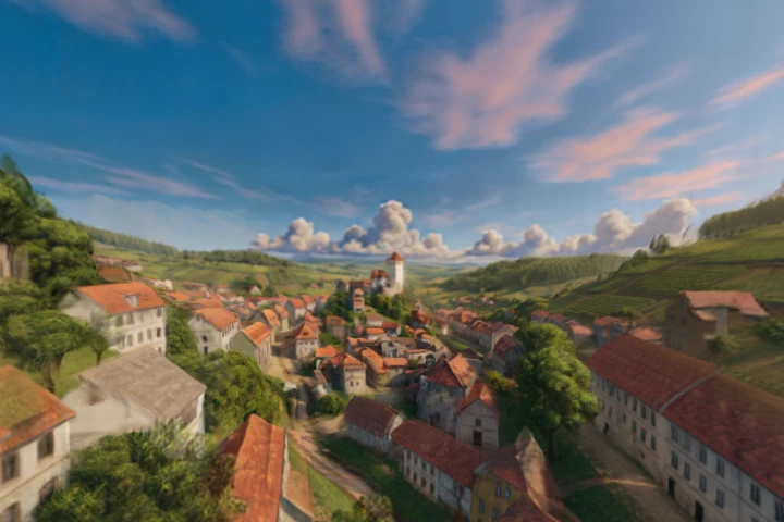 Hilly Village with Vineyard