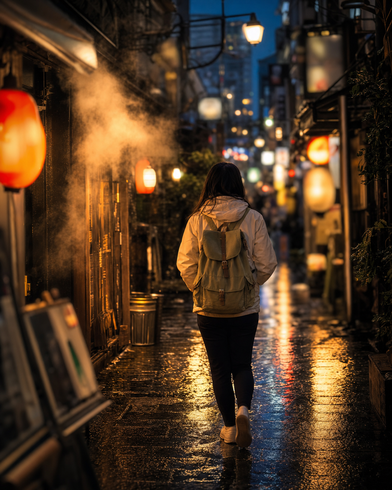 Solo traveler in Tokyo Golden Gai at twilight