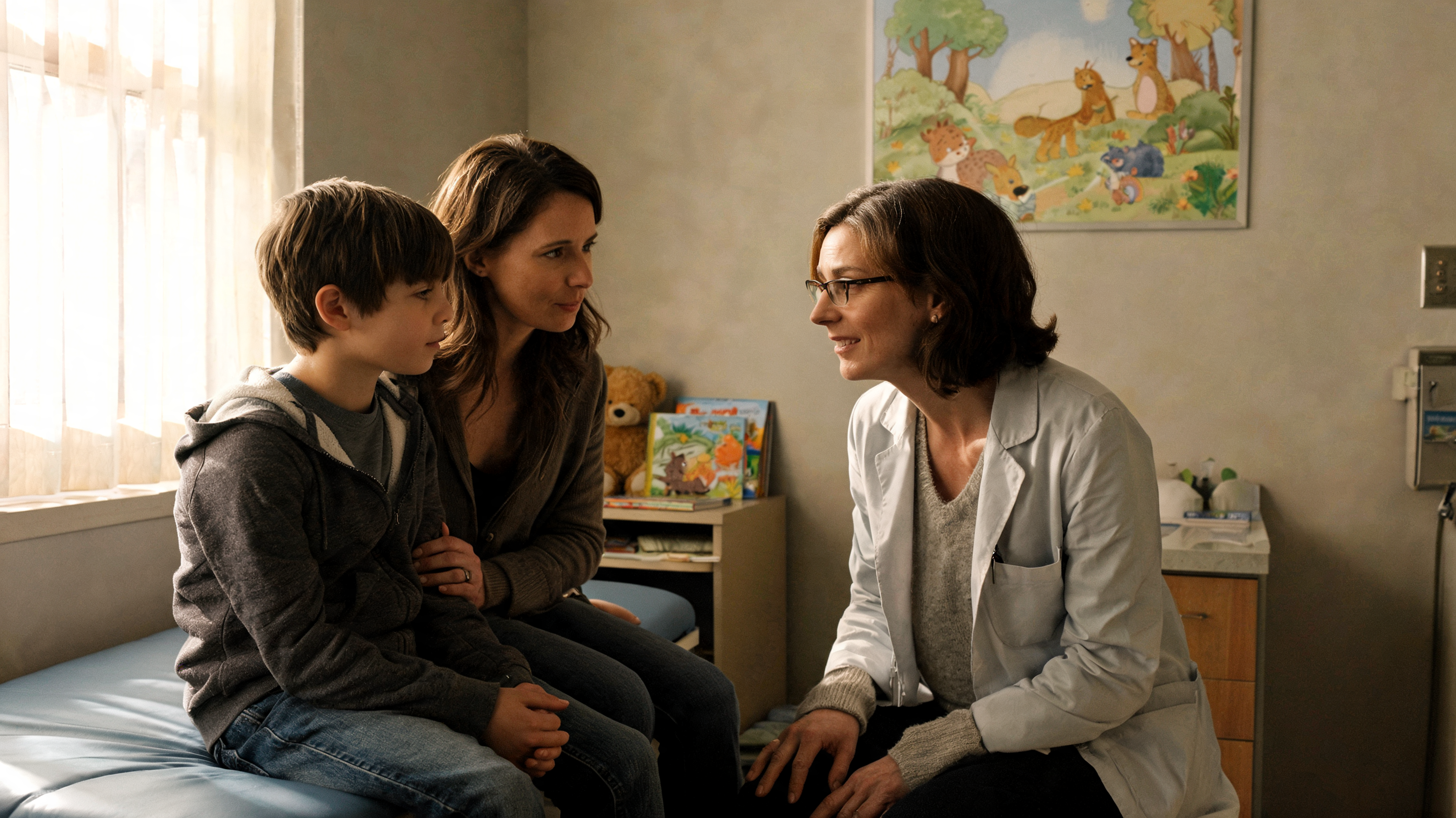 Compassionate pediatric consultation about bedwetting with parent and child