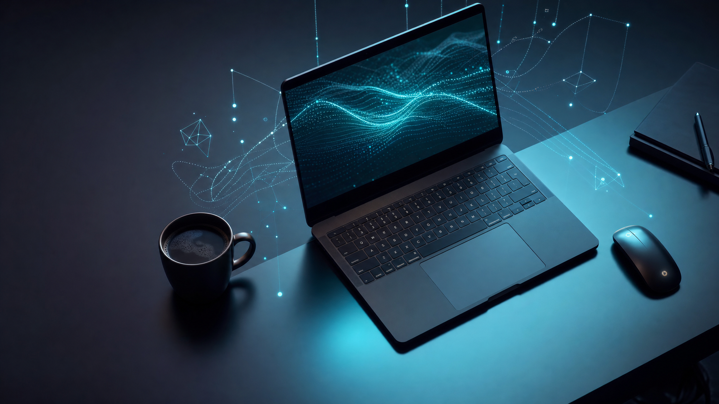 AI neural network visualisation — glowing teal data nodes on dark background