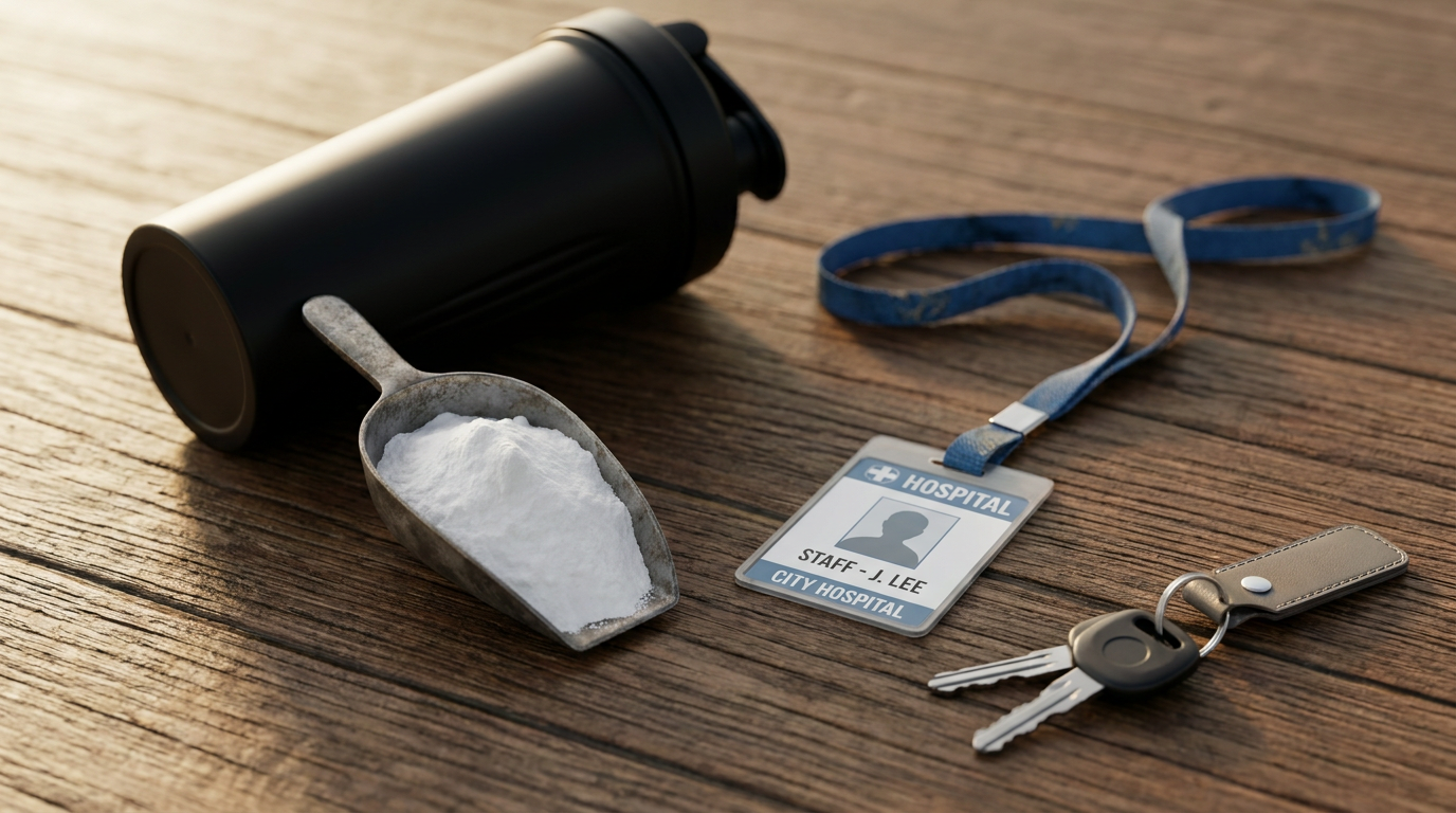 Scoop of creatine powder next to a shaker bottle and hospital badge