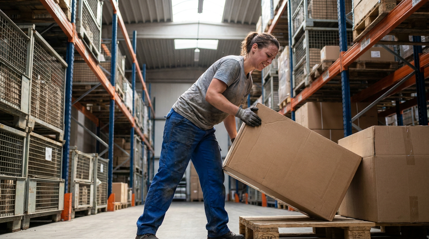 Woman warehouse worker lifting a box during a shift