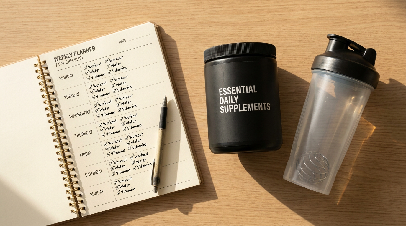 Weekly planner with a 7-day checklist next to a supplement tub and shaker