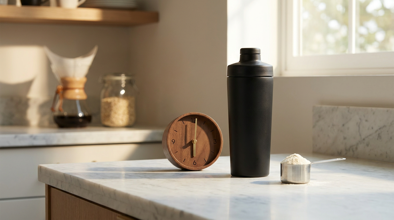 Shaker bottle next to a clock and a scoop of creatine powder