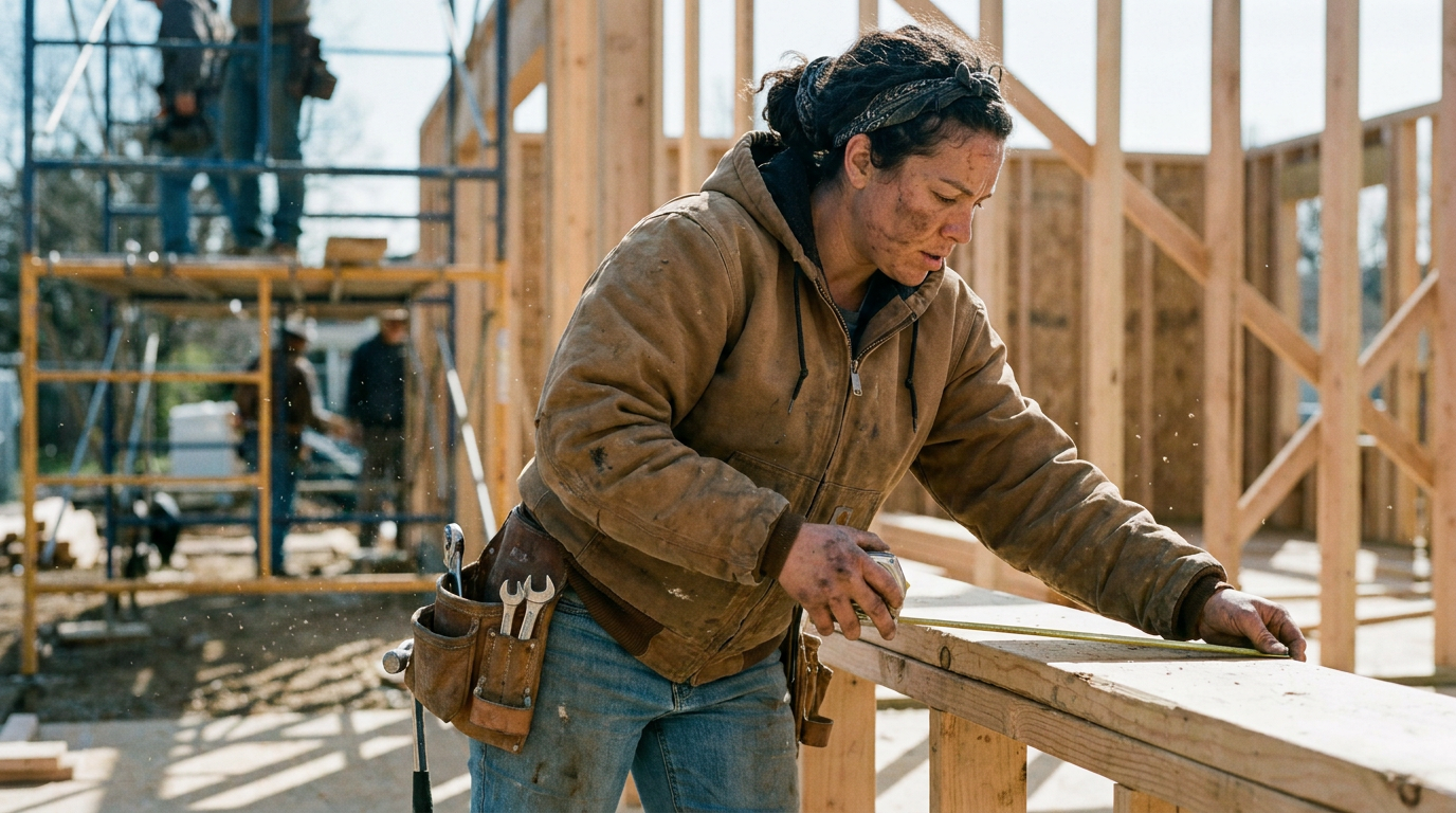Energized tradesperson on a job site mid-morning
