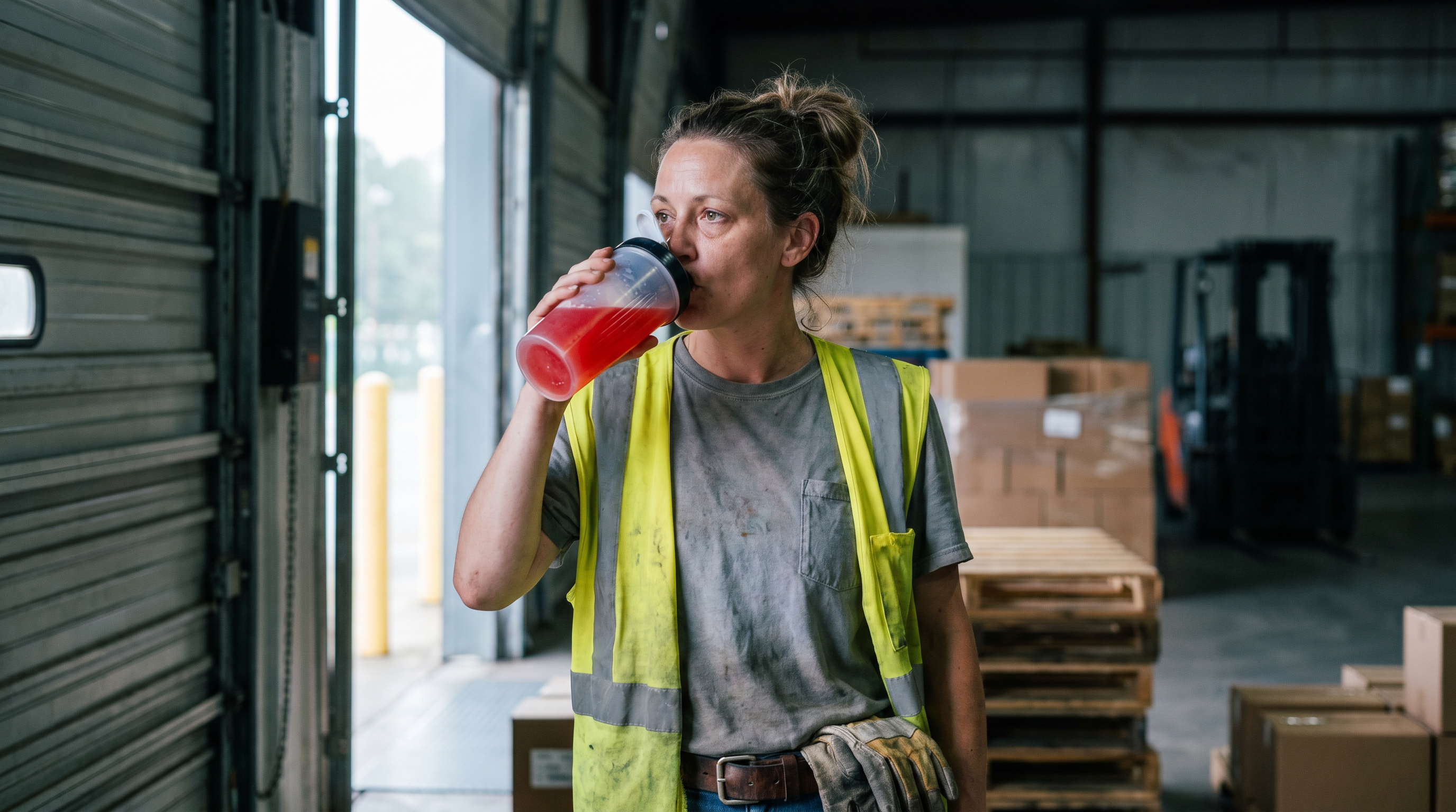 Warehouse worker in a hi-vis vest drinking a fruit punch pre-workout at the start of a shift