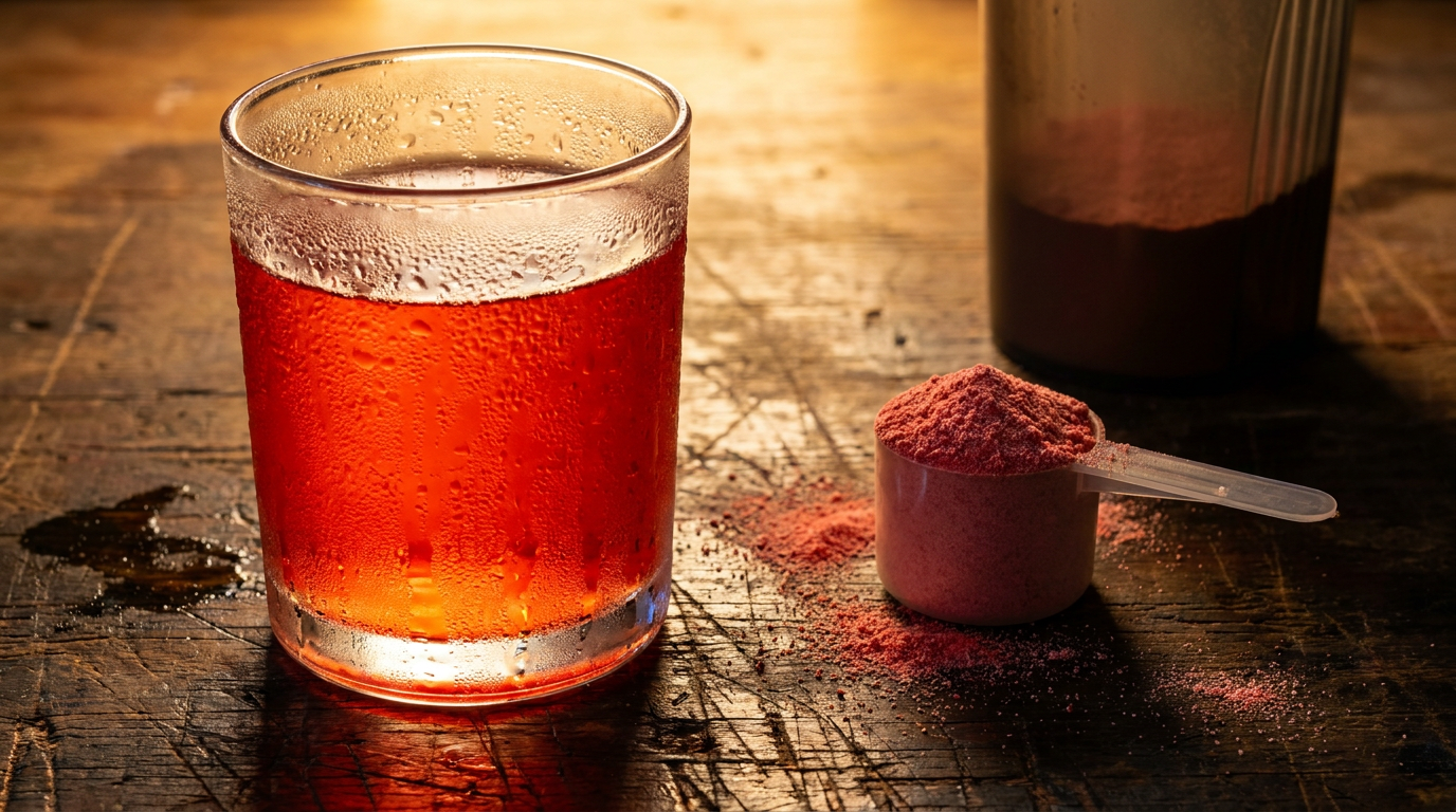Glass of red fruit punch pre-workout drink with a scoop of red powder
