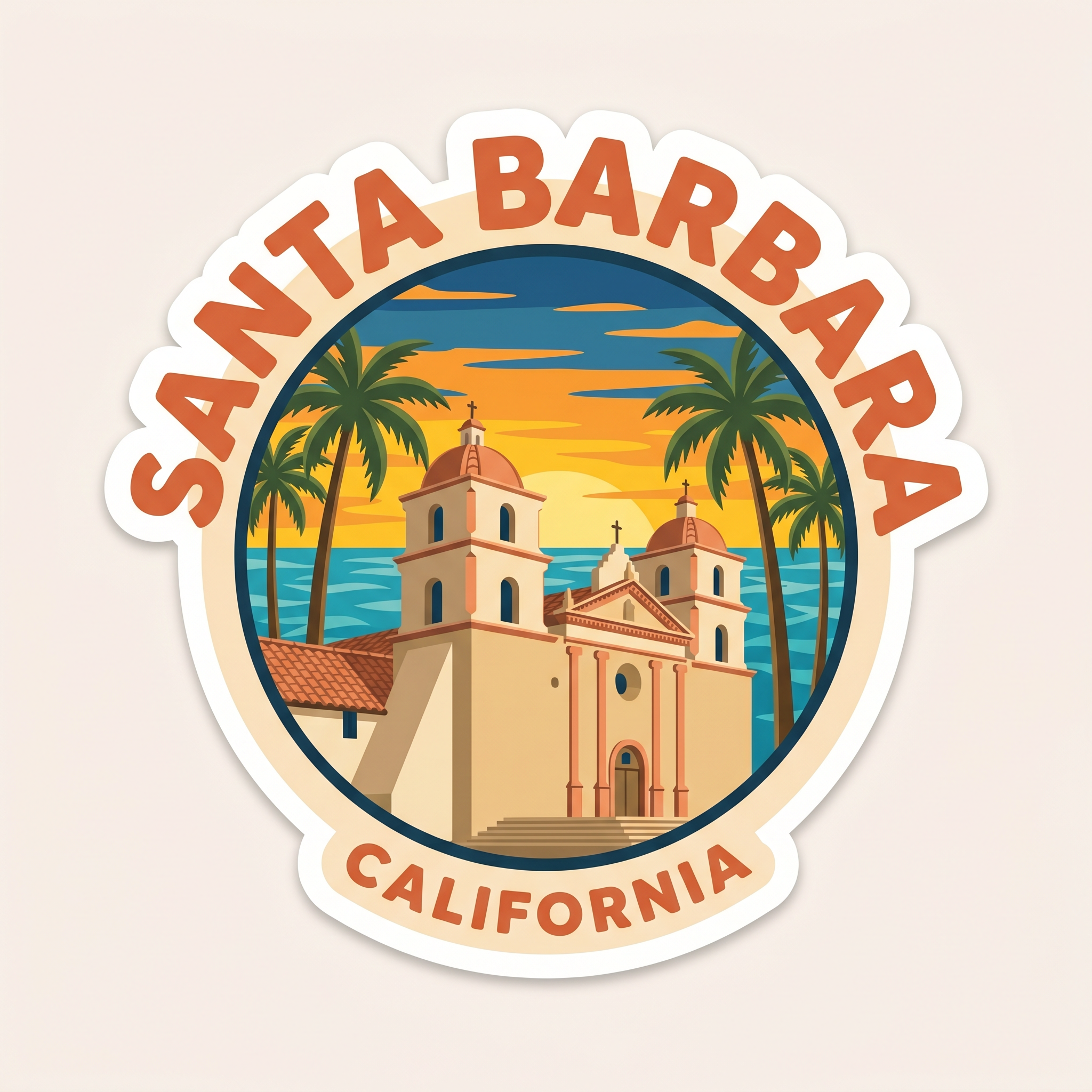 Santa Barbara mission and palms die-cut sticker