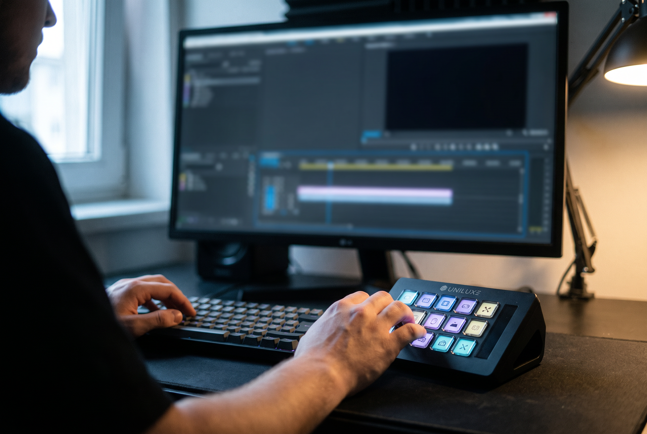 Videobewerker gebruikt de Stream Dock naast het toetsenbord