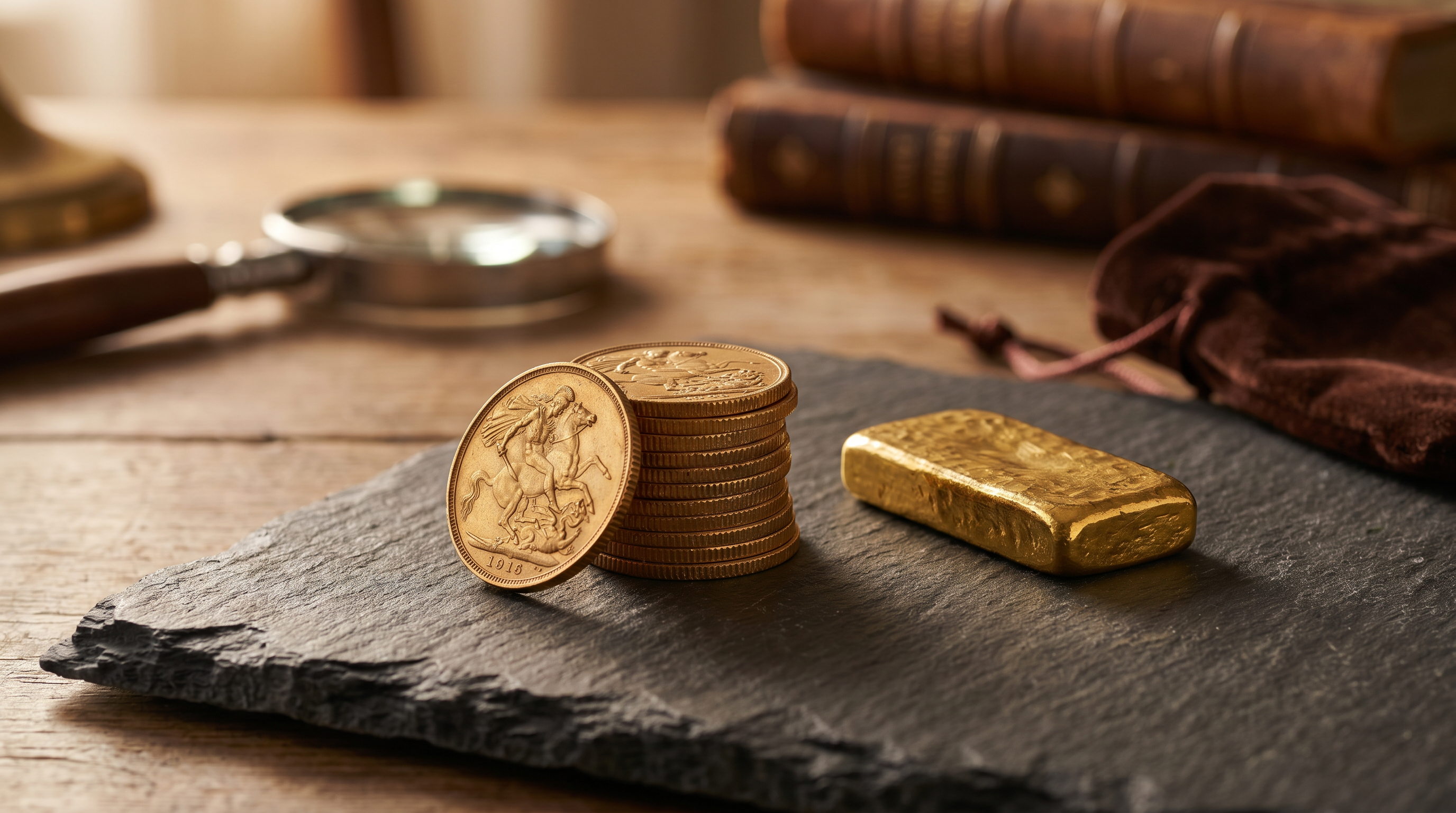 Gold sovereigns and a small gold bar — sell gold at Mozeris Fine Antiques, July 2026 UK price update