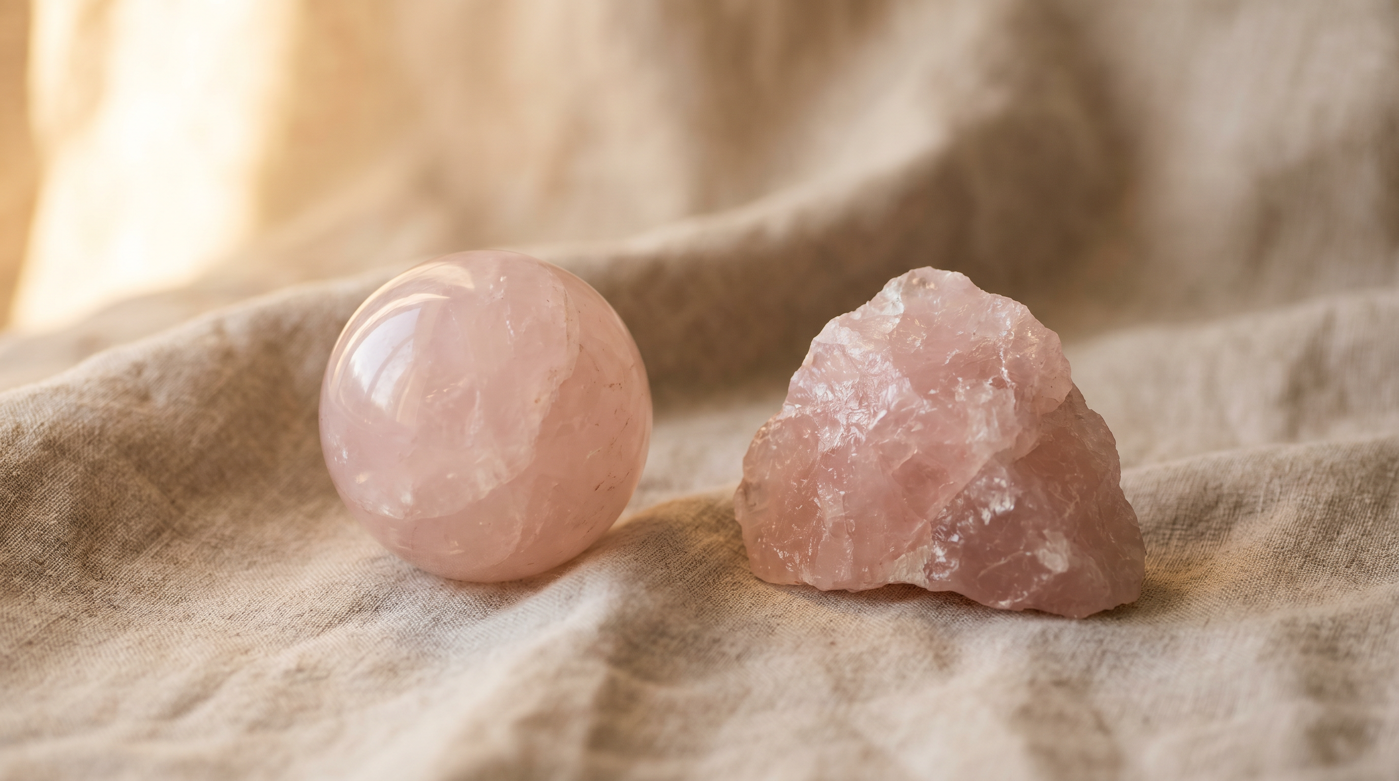 Rose quartz meaning — polished and rough rose quartz showing the stone's soft pink colour