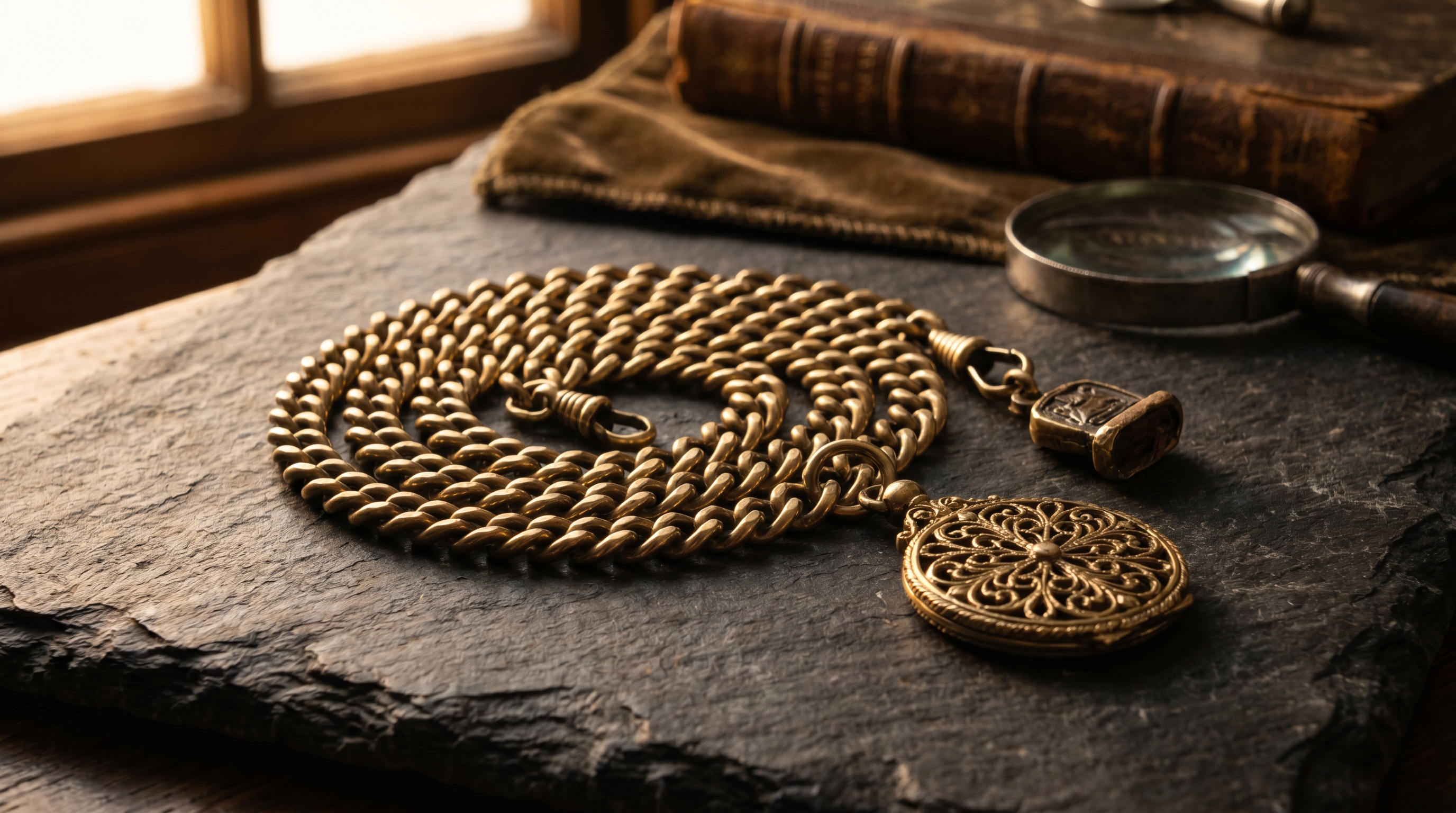 Pinchbeck jewellery — an antique Georgian-style golden watch chain and fob showing pinchbeck's warm gold tone