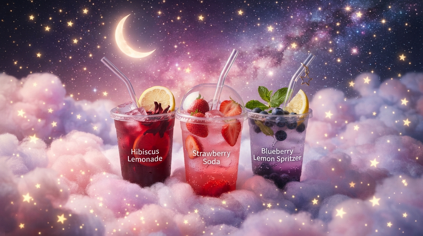 Sugared Dreams summer refreshers: Hibiscus Lemonade, Strawberry Soda and Blueberry Lemon Spritzer resting on dreamy pastel clouds under a crescent moon