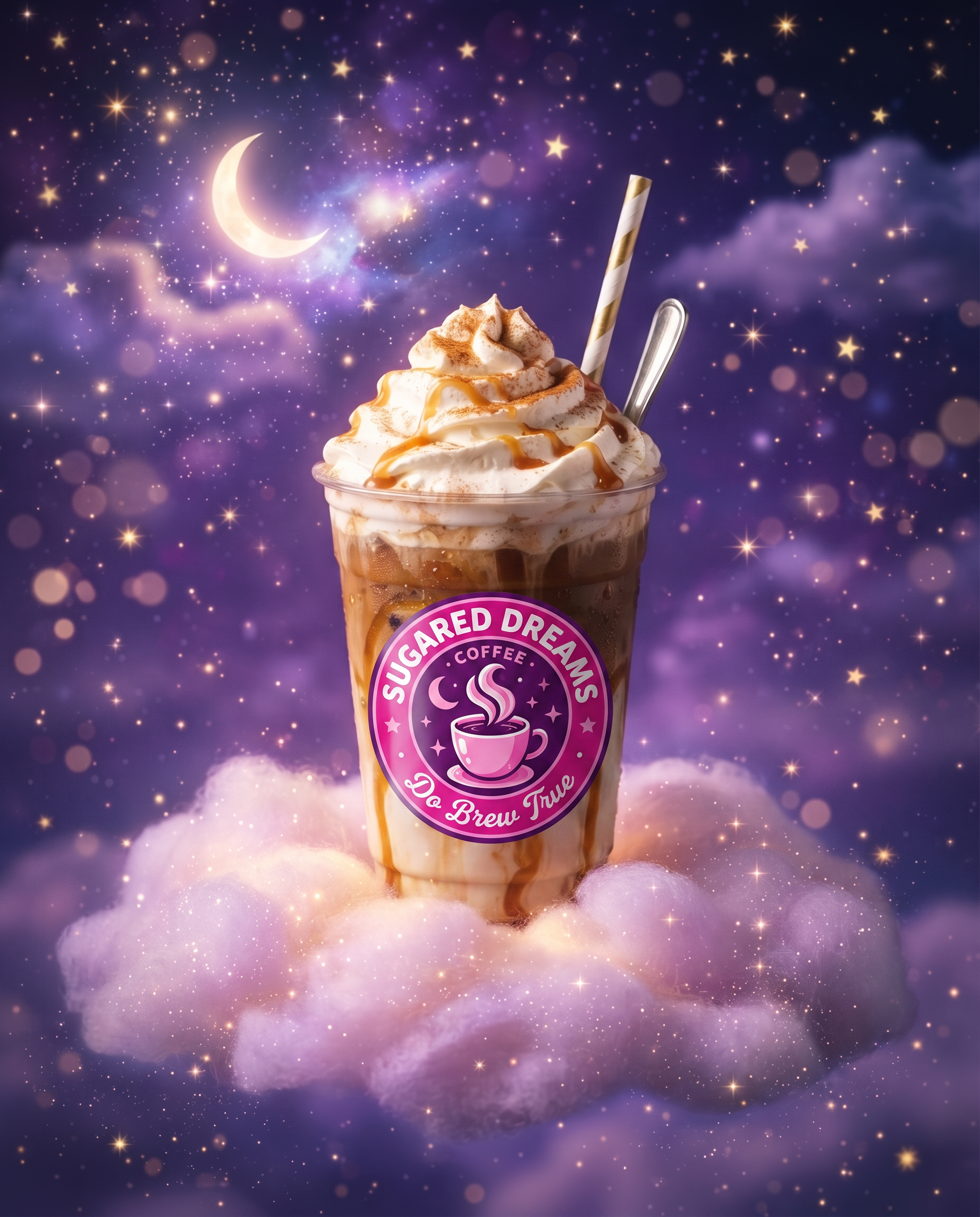 A dreamy iced Sugared Dreams caramel coffee with the Do Brew True cup sticker, topped with whipped cream, resting on a cloud beneath a starry sky