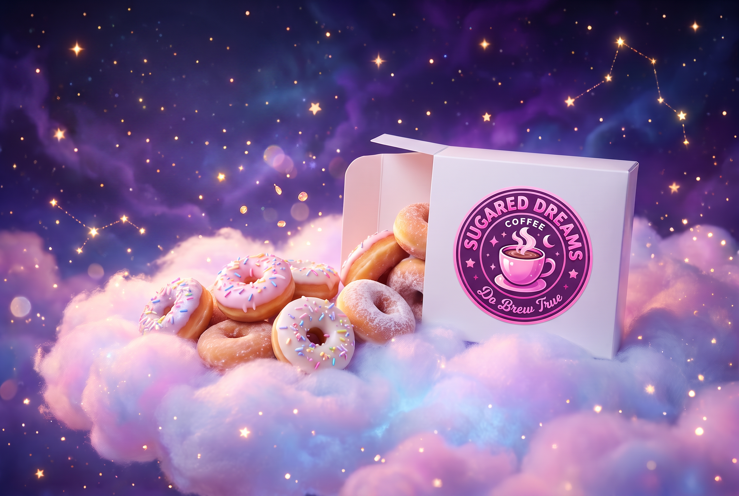 Cloud 9 Minis mini donuts resting on a dreamy cloud with a Sugared Dreams package floating beside them under a starry sky