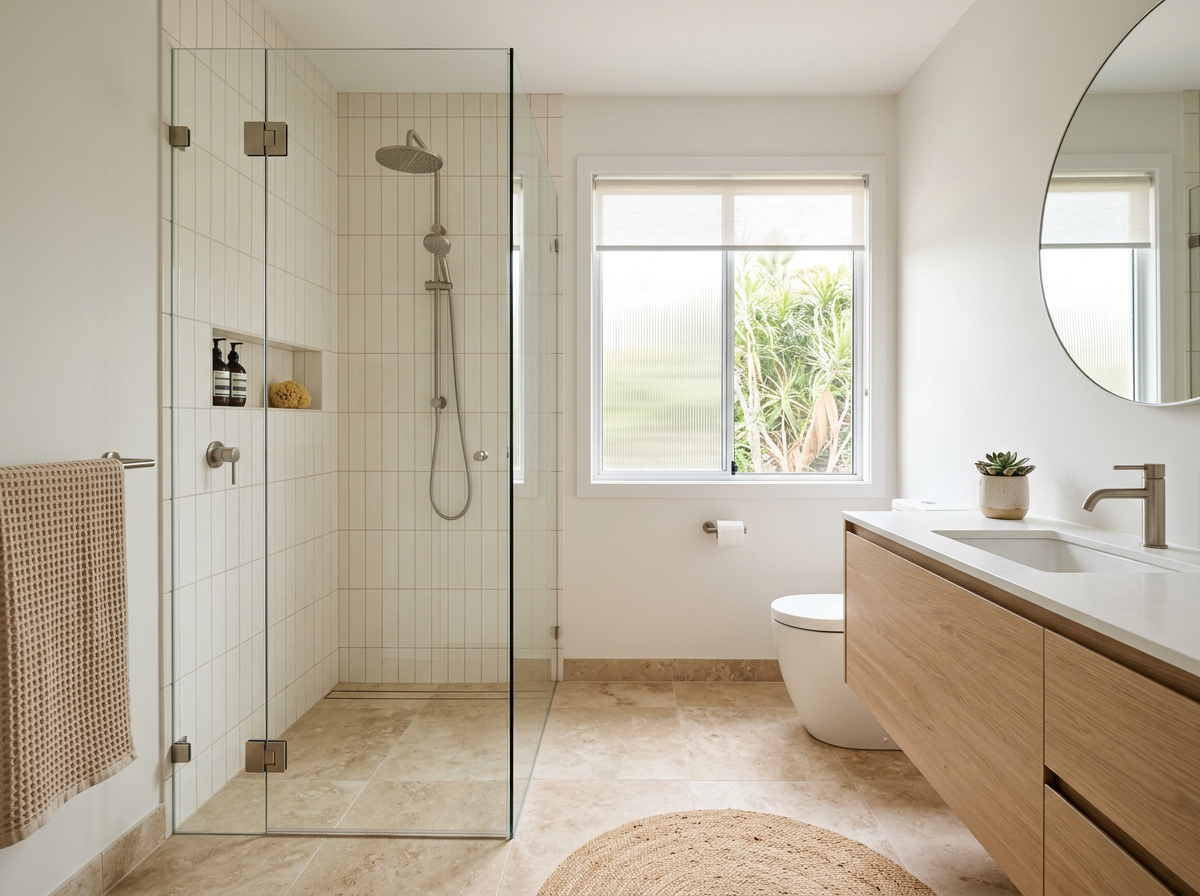 Bathroom renovation with travertine-look floor tiles and stacked ivory wall tiles