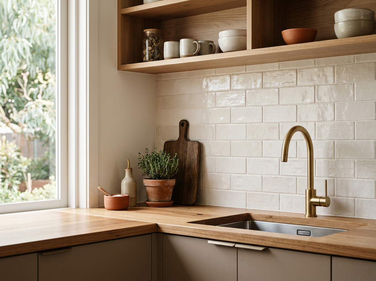 Kitchen splashback in handmade-look glazed subway tiles with timber benchtop