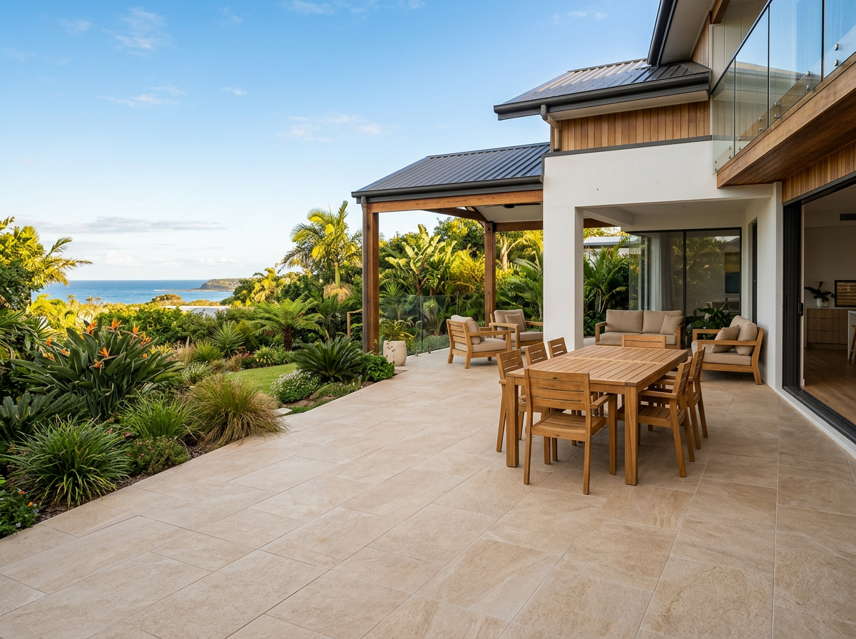 Outdoor alfresco patio tiled with large-format sandy porcelain pavers