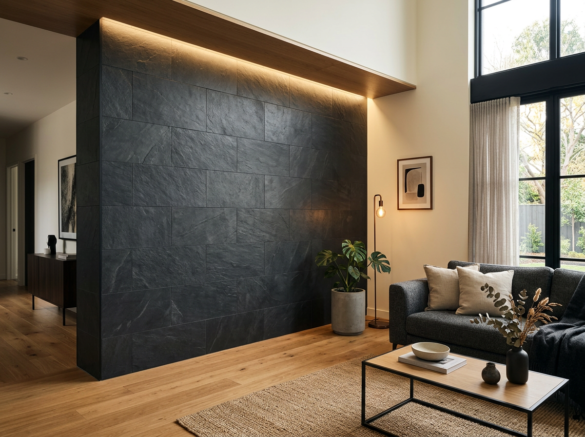 Charcoal slate-look feature wall with warm accent lighting