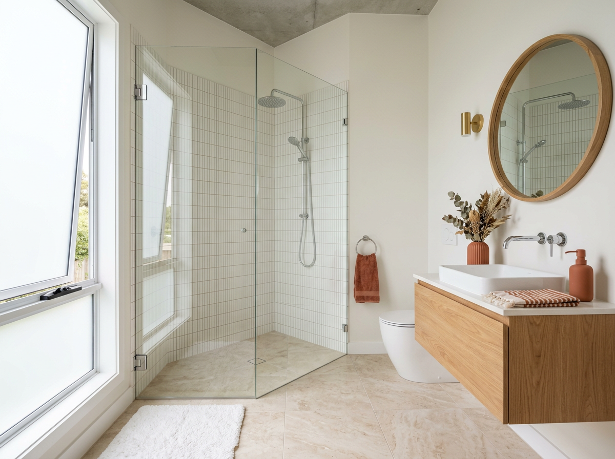 Compact ensuite with mosaic shower wall and frameless glass screen