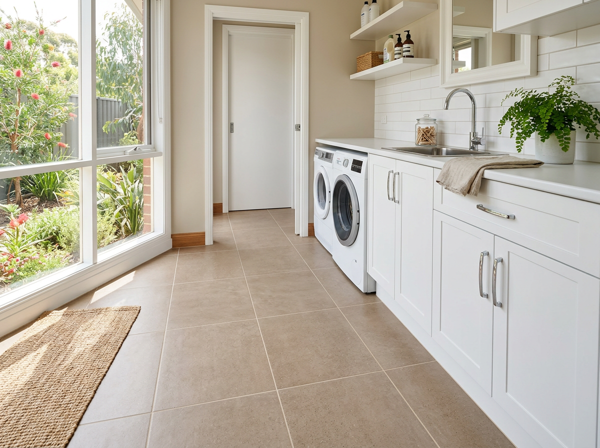 Laundry floor in warm sandy-taupe matte porcelain tiles