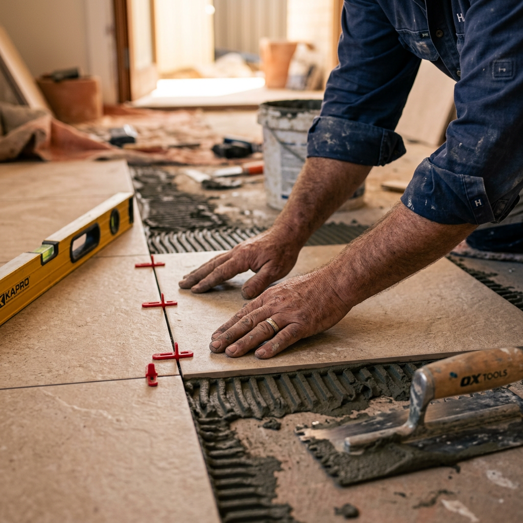Tiler laying a warm beige porcelain floor tile with spacers and trowel