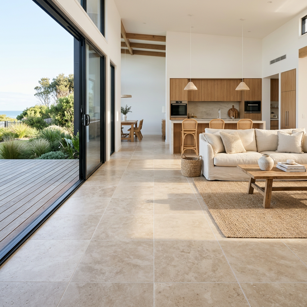 Open plan coastal living area with newly laid travertine-look floor tiles