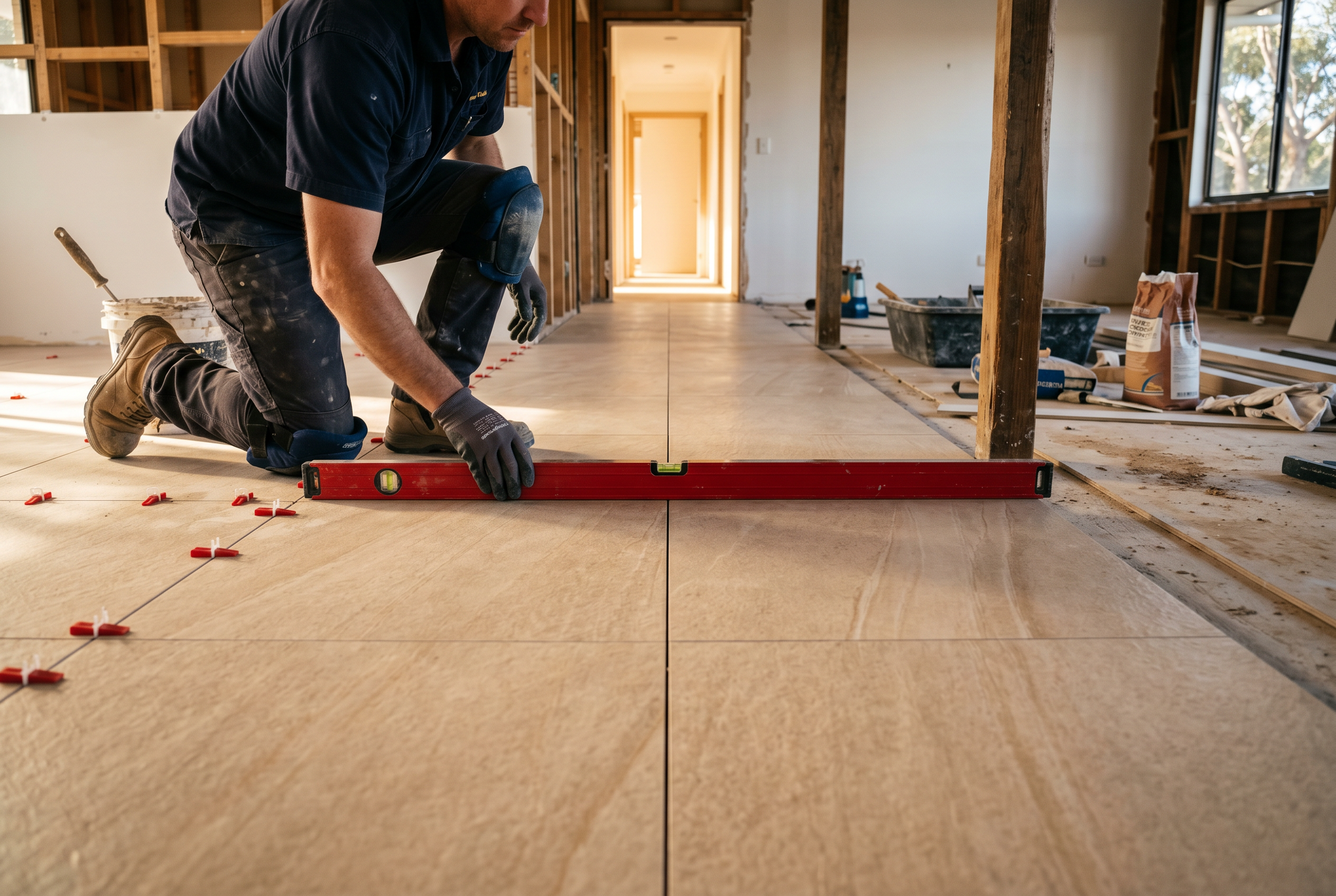 Tiler checking freshly laid porcelain floor tiles with a spirit level, perfectly straight grout lines