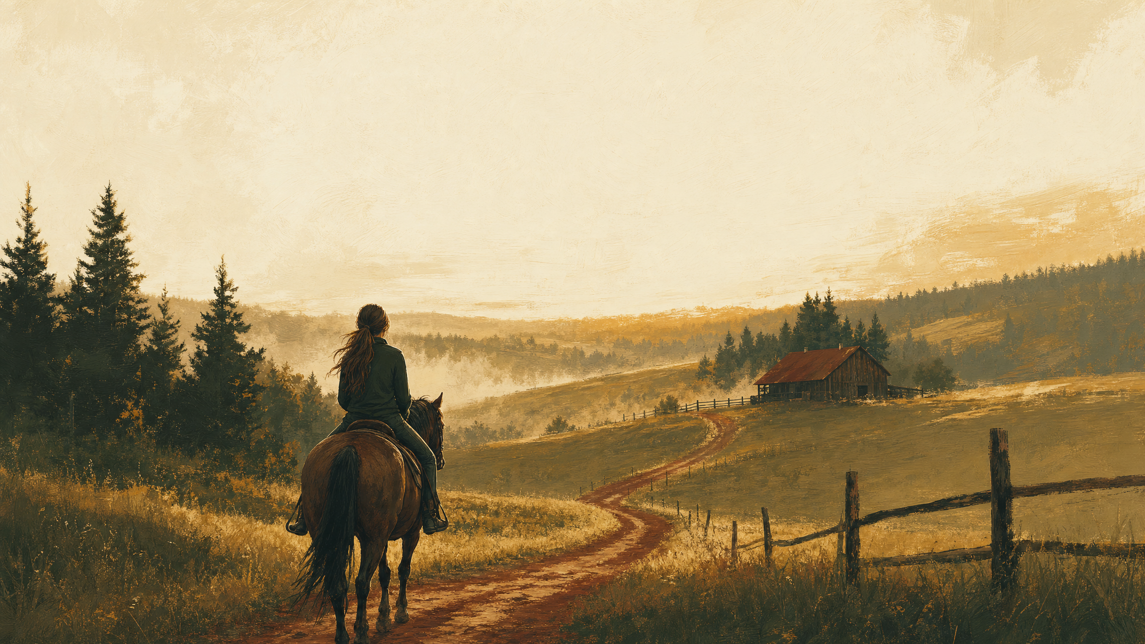 Painterly illustration of a rider on horseback following a winding trail home to a barn at dusk.