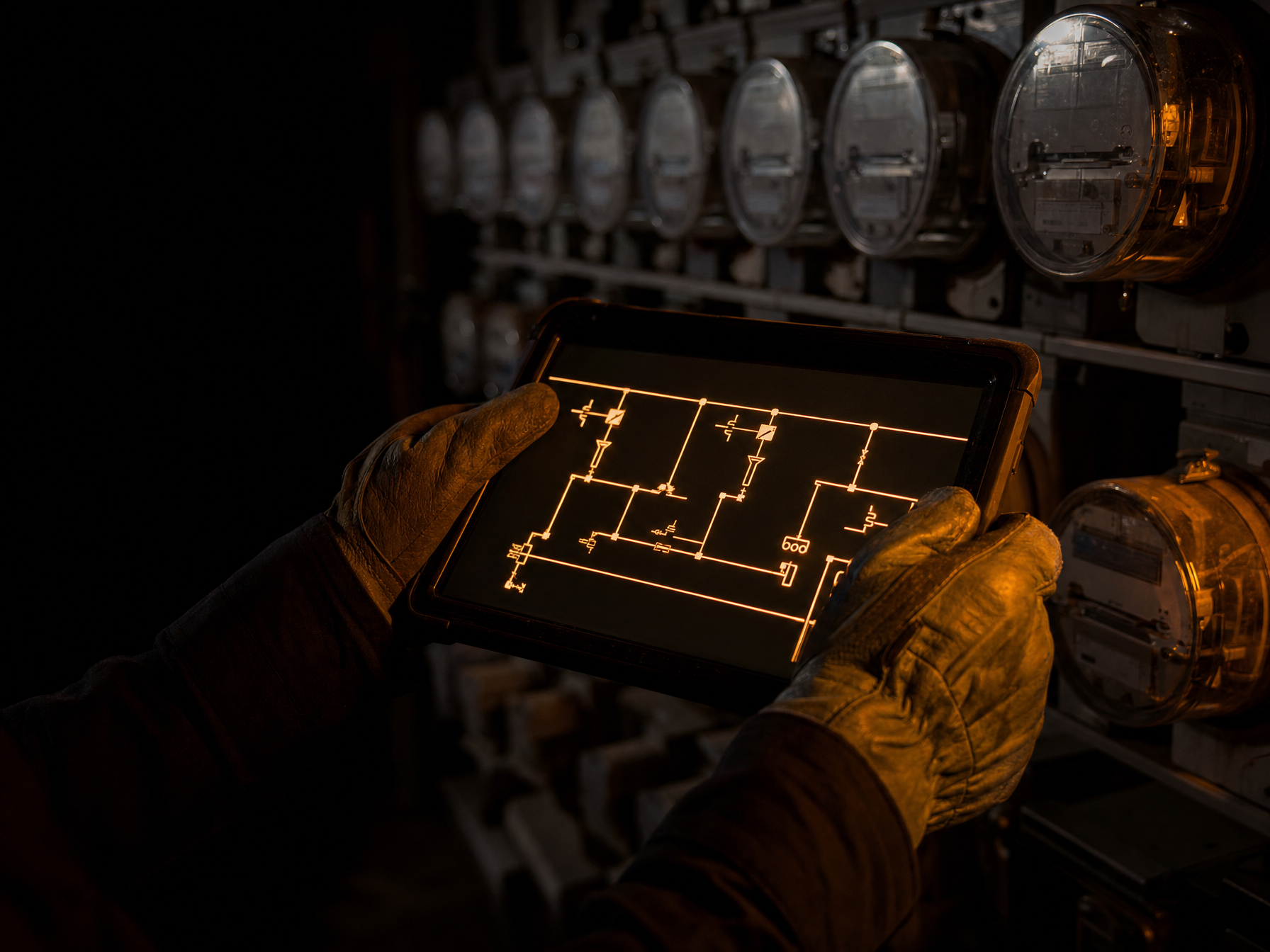 Utility engineer reviewing electrical service plans on site