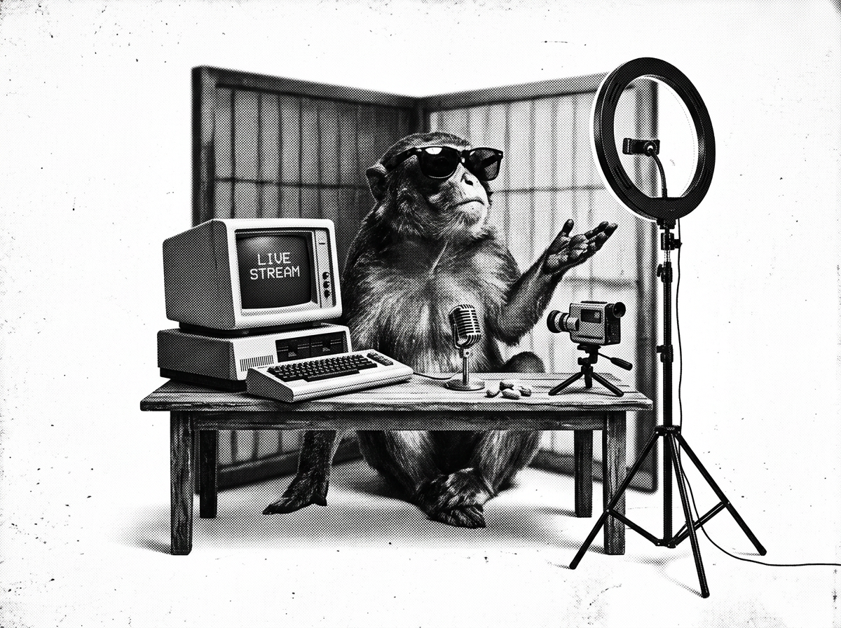 The macaque, in full flow at his cage studio