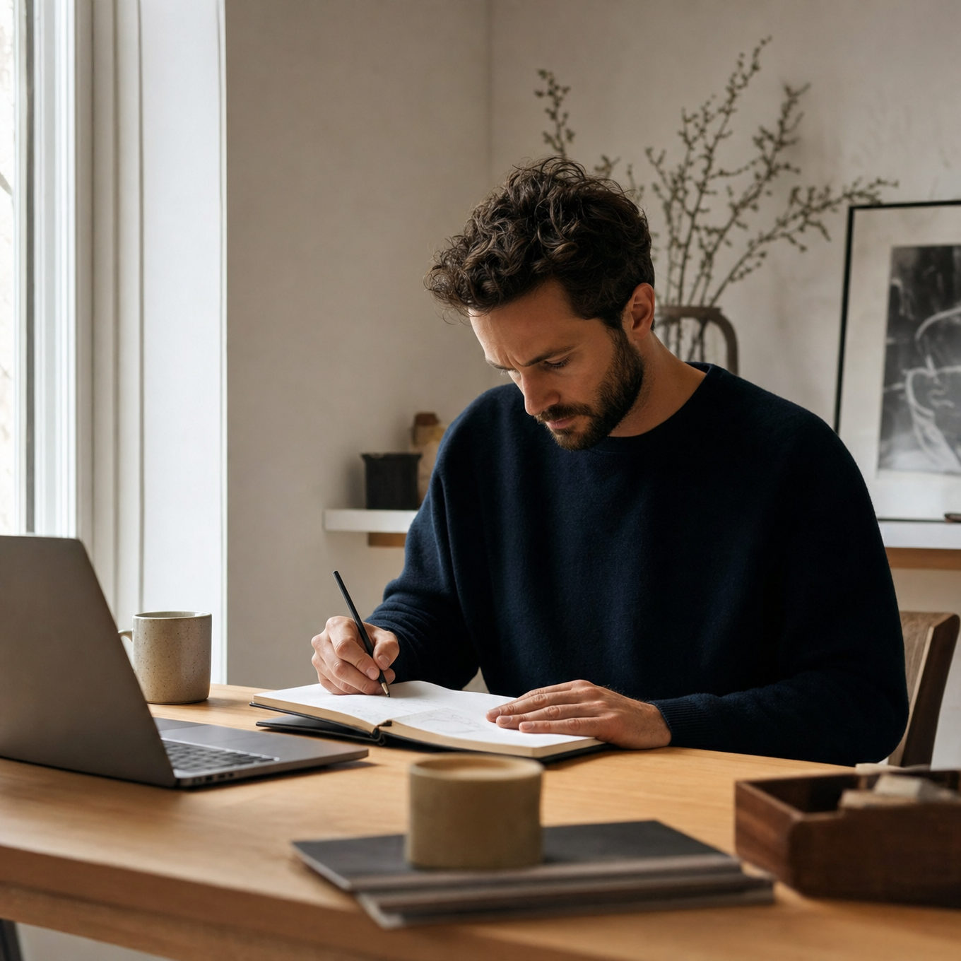 Person absorbed in focused, meaningful work at a minimal desk