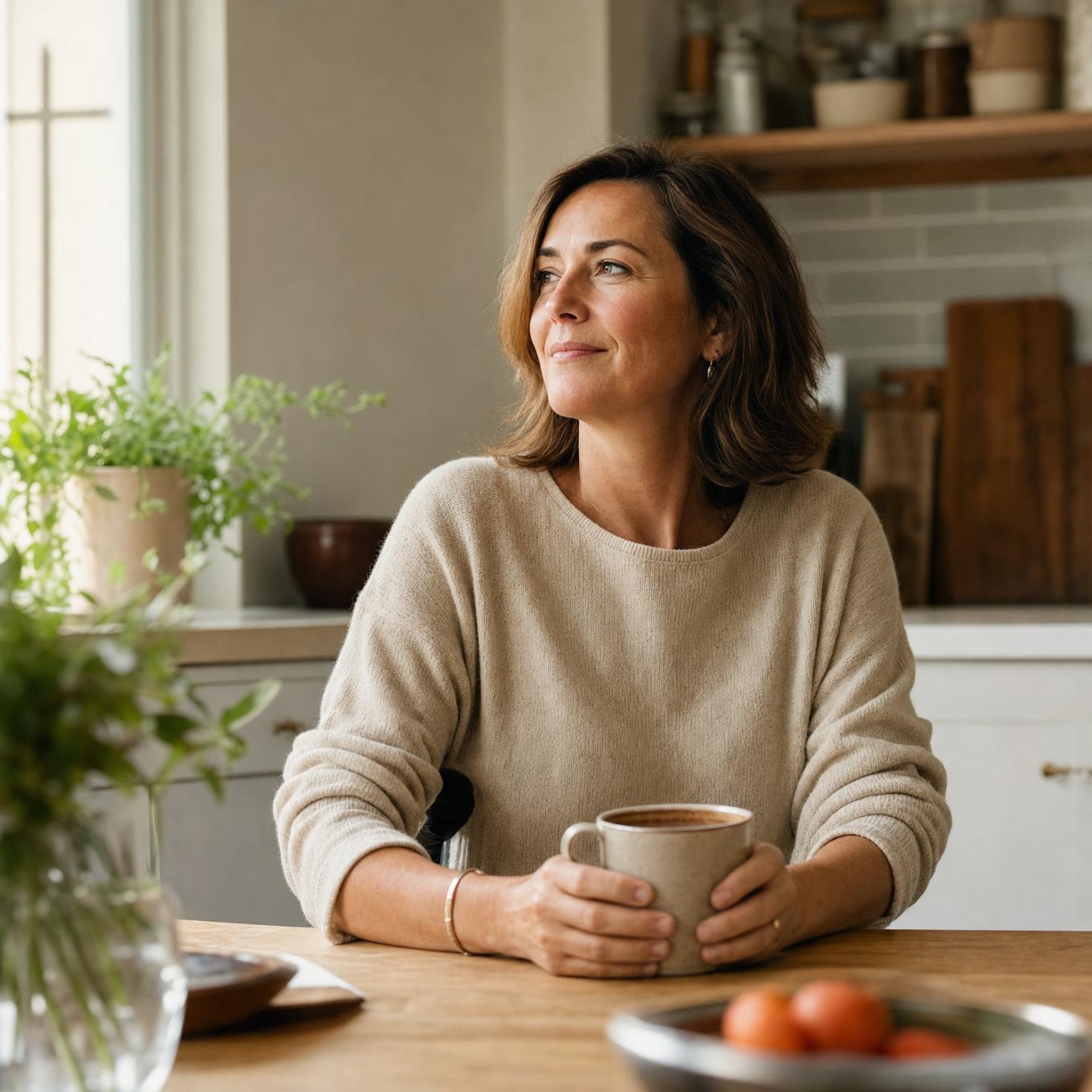 Person sitting quietly with coffee in soft morning light