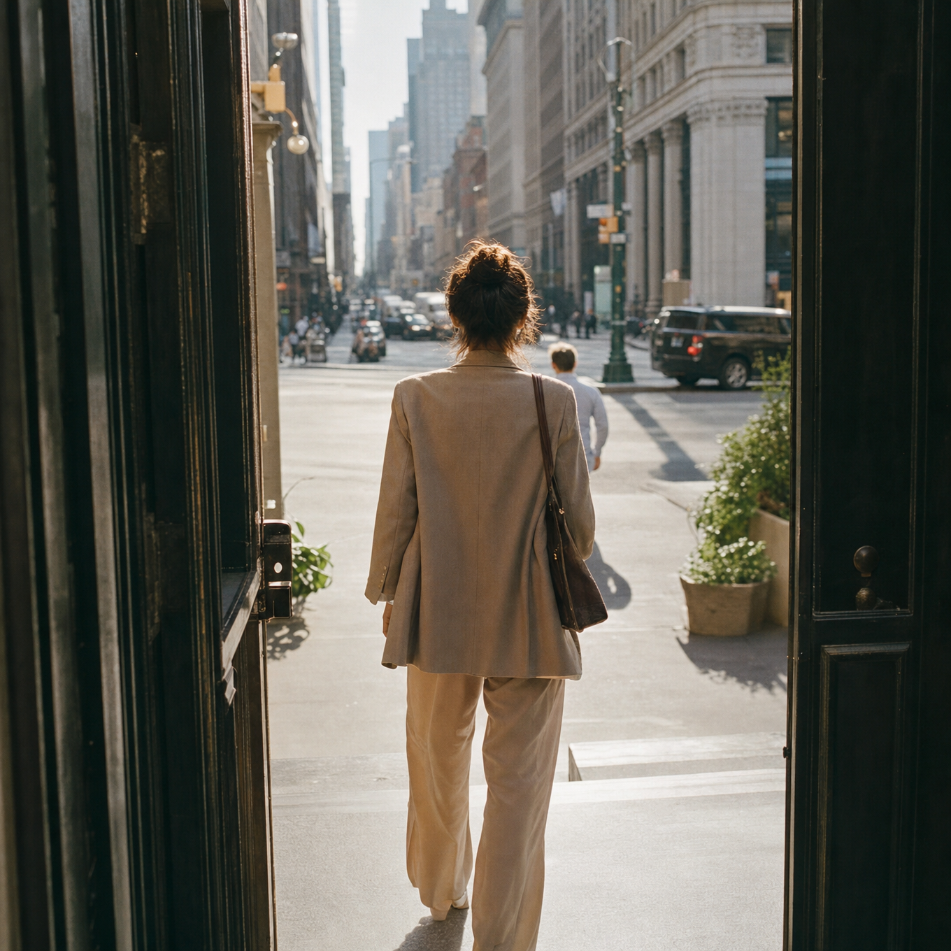 Person stepping out of a doorway onto a sunlit city street