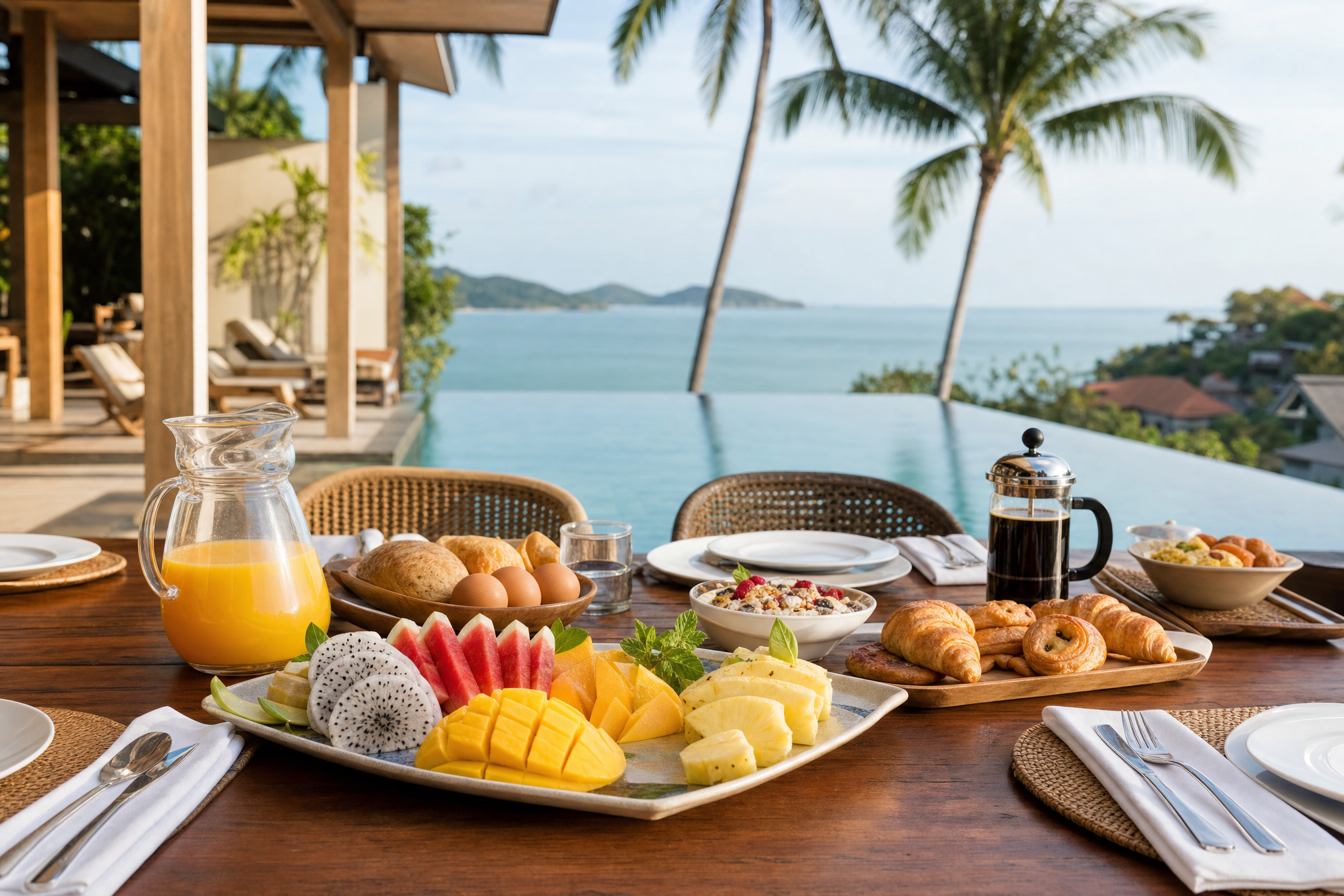 A chef-prepared breakfast on a Koh Samui villa terrace A chef-prepared breakfast on a villa terrace in Koh Samui