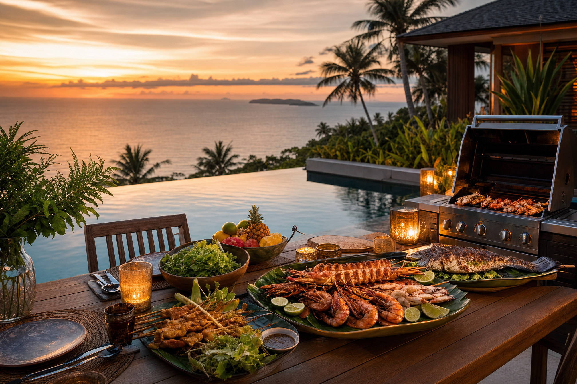 A poolside barbecue at dusk, in-villa dining in Koh Samui A poolside barbecue at dusk at a private chef villa in Koh Samui
