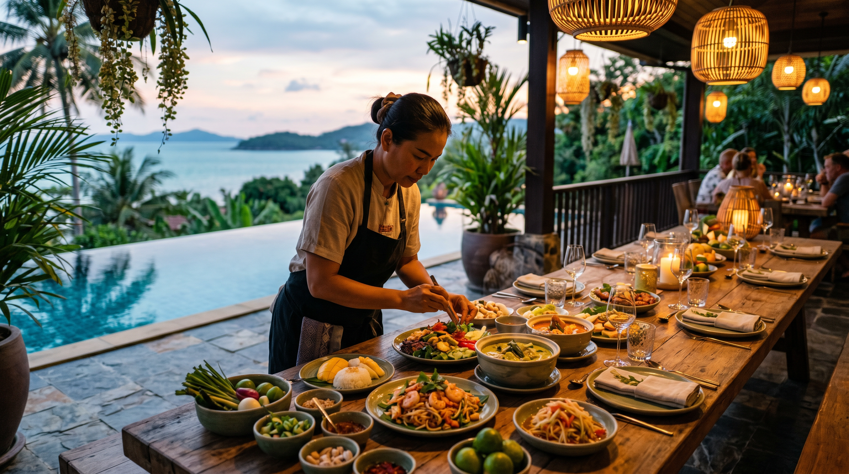 In-villa dining with a private chef in Koh Samui A private chef plating Thai dishes at a villa dinner table in Koh Samui