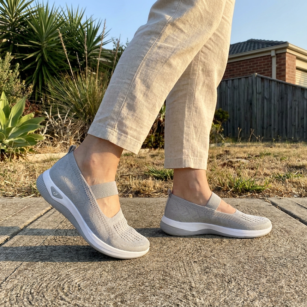The grey Carry orthopedic slip-ons worn mid stride on a suburban footpath