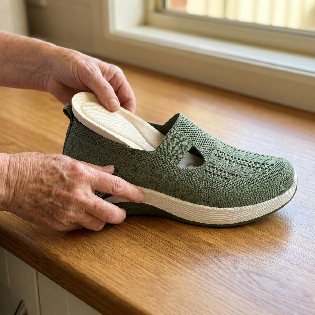 Mature hands lifting the cushioned insole out of the green Carry orthopedic slip-on at a kitchen bench