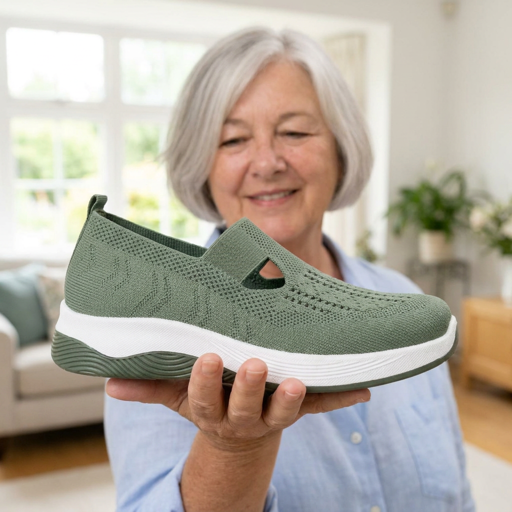 A woman in her sixties holding the green Carry orthopedic slip-on flat on her open hand