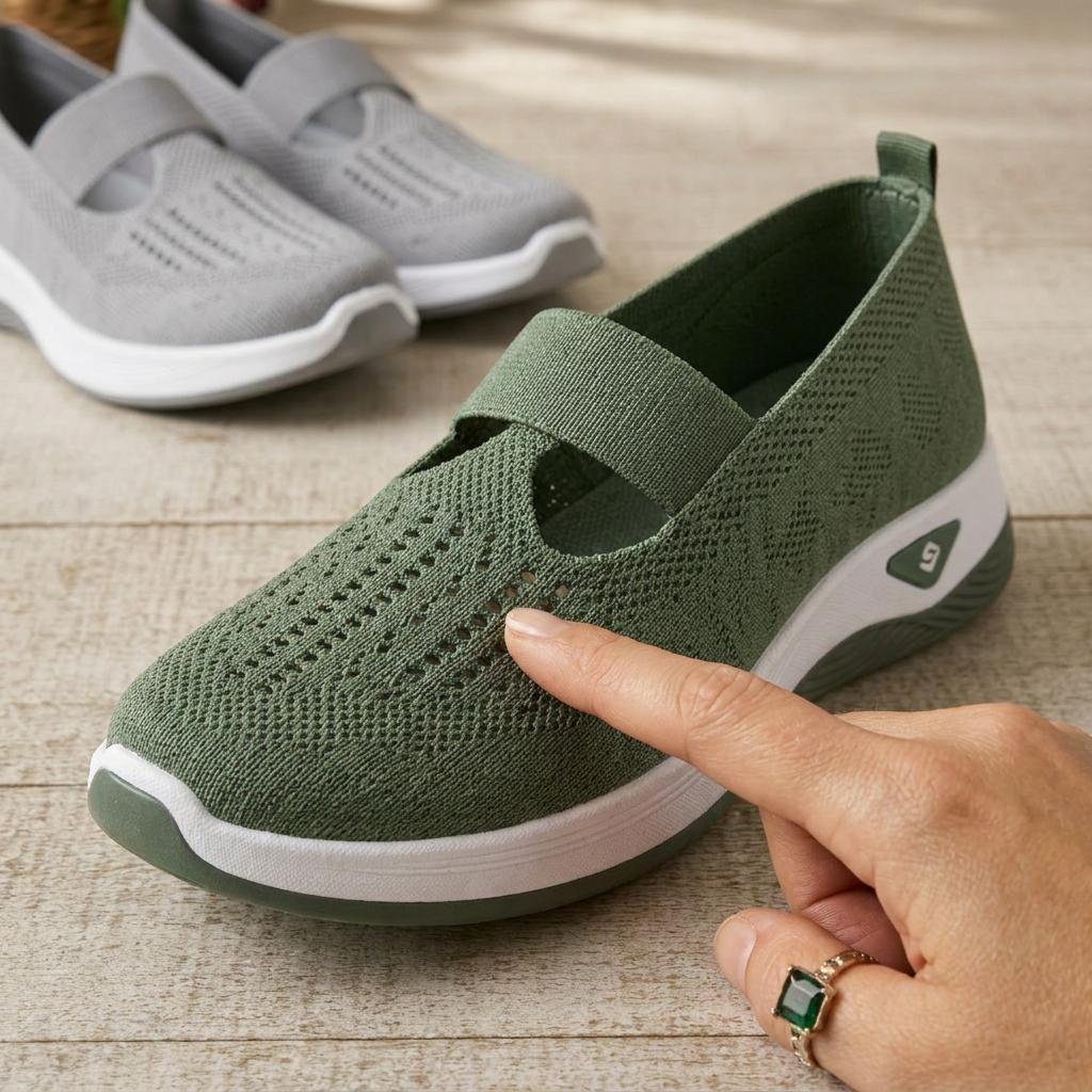 A fingertip tracing the woven vents of the green Carry orthopedic slip-on, grey pair behind